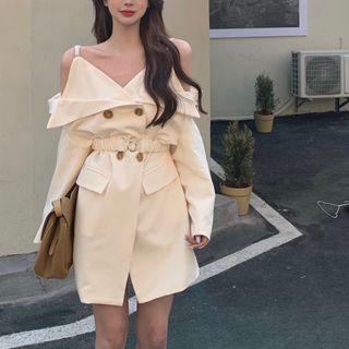 Cold-shoulder Belted Mini A-line Blazer Dress Almond - One Size
