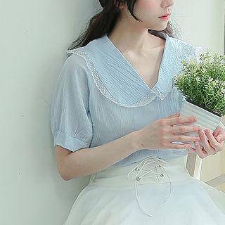Sailor-collar Puff-sleeve Sheer Blouse