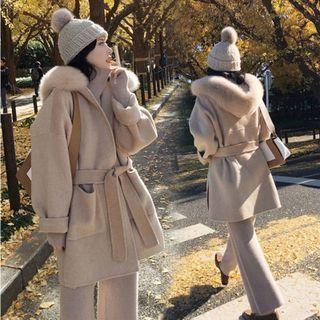 Fluffy Trim Hooded Open-front Coat
