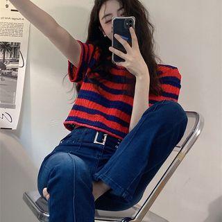 Crewneck Striped Cropped Top Red - One Size