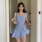 Spaghetti Strap Checked Ruffled Shirred Dress As Shown In Figure - One Size