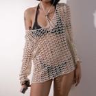 Long-sleeve Perforated Knit Crop Top