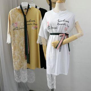 Lace Panel 3/4 Sleeve T-shirt Dress