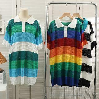 Eyelet Striped Loose Polo Dress