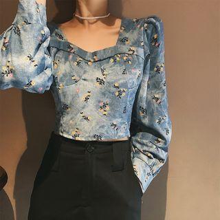 Floral Print Cropped Denim Blouse