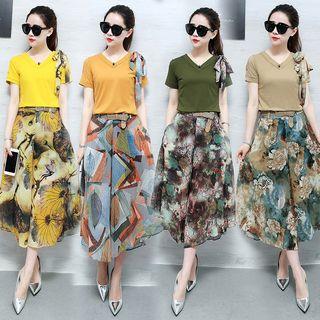 Set: Tie-shoulder Top + Patterned Gaucho Pants