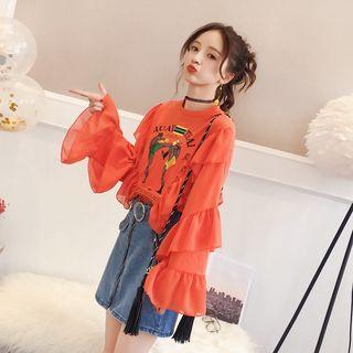 Long-sleeve Frill-trim Printed Top