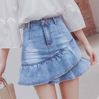Asymmetric Ruffled A-line Mini Denim Skirt