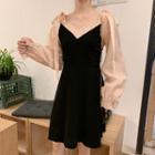 Panelled Tie-shoulder Long-sleeve Mini A-line Dress