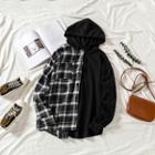 Plaid Paneled Buttoned Hoodie Black - One Size