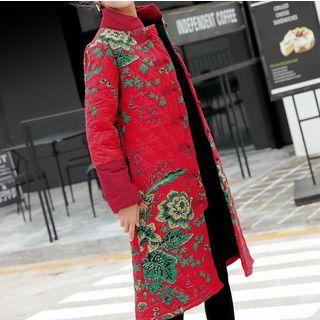 Floral Print Stand Collar Long Padded Coat