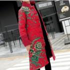 Floral Print Stand Collar Long Padded Coat