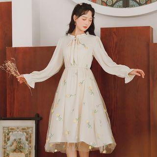Set: Cable Knit Vest + Floral Embroidered Mesh Panel Dress