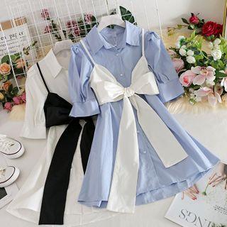 Set : Plain Shirt Dress + Plain Bow Sleeveless Top
