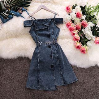 Single-breasted Cold Shoulder Denim A-line Dress