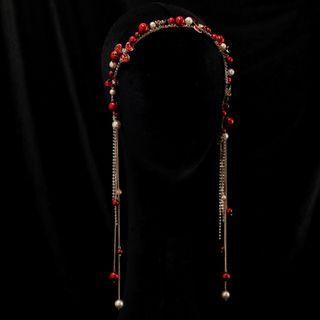Faux Pearl Rhinestone Fringed Headband Red & Gold - One Size