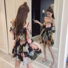 Flower Print Cold-shoulder Elbow-sleeve A-line Dress