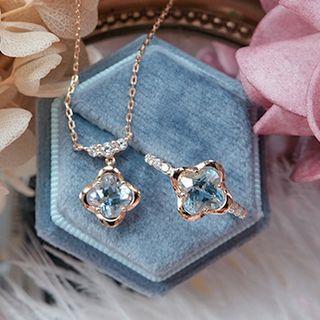 Clover Rhinestone Pendant Sterling Silver Necklace / Clover Rhinestone Ring