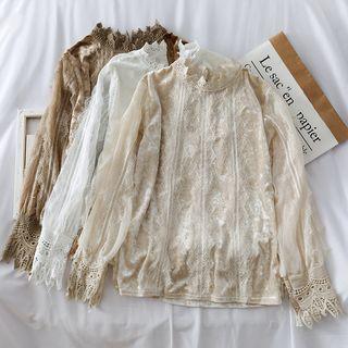 Mock-neck Lace-trim Velvet Top