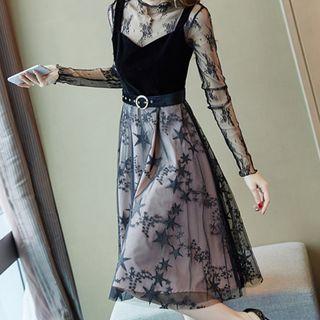 Set: Long-sleeve Lace A-line Dress + Camisole