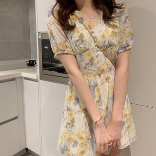 Short-sleeve Flower Print A-line Dress / Mini A-line Dress
