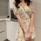 Short-sleeve Flower Print A-line Dress / Mini A-line Dress