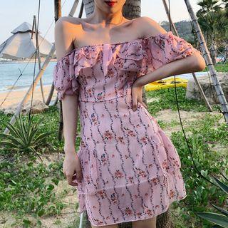 Off-shoulder Short-sleeve Floral Print Midi Dress