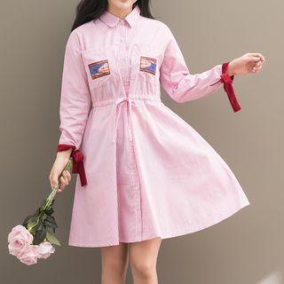 Long Sleeve Patched Pinstriped Shirt Dress