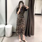 Set: Short Sleeve Plain T-shirt + Spaghetti-strap Floral Print A-line Dress