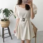 Puff-sleeve Linen Blend Mini Dress With Belt