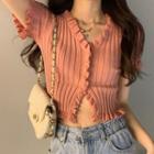 Short-sleeve Button-up Ribbed Cropped Knit Top