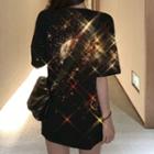 Elbow-sleeve Patterned Long T-shirt T-shirt - Black - One Size