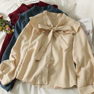 Ribbon-neckline Ruffle-trim Loose Shirt In 5 Colors
