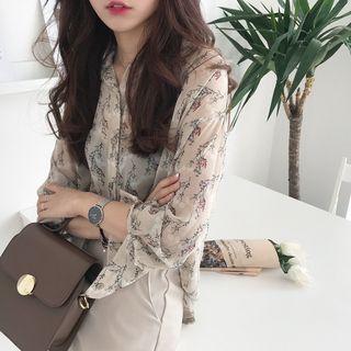 Floral Print Sheer Chiffon Blouse As Shown In Figure - One Size