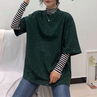 Elbow-sleeve Sequin T-shirt / Striped Long-sleeve Mock Neck T-shirt