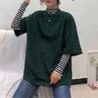 Elbow-sleeve Sequin T-shirt / Striped Long-sleeve Mock Neck T-shirt