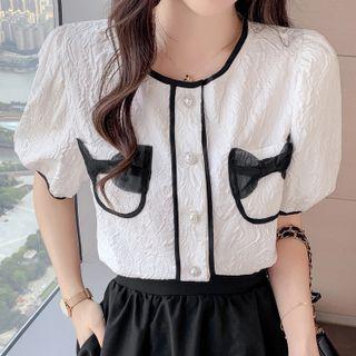 Puff-sleeve Contrast Trim Textured Shirt