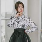 Set: Hanbok Top (floral / White) + Skirt (midi / Black)