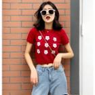 Flower-embroidered Crop Knit Top