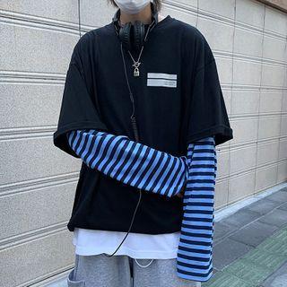Inset Long-sleeve Striped Oversize Tee