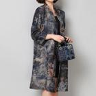 3/4-sleeve Floral Print Open Front Coat