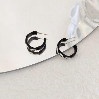 Irregular Checker Alloy Open Hoop Earring 1 Pair - Earrings - S925 Silver - Geometry - Black & White - One Size