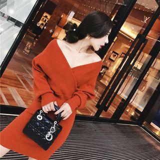 V-neck Batwing Sleeve Knit Dress Tangerine Red - One Size