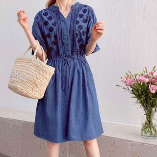 Open-placket Embroidered Denim Dress Blue - One Size