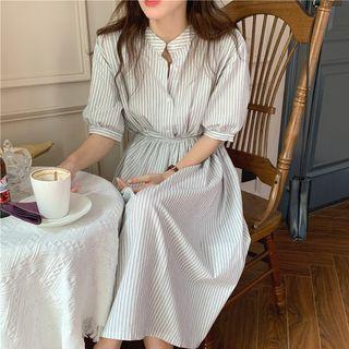 Elbow-sleeve Striped Midi A-line Shirtdress Gray Stripes - White - One Size