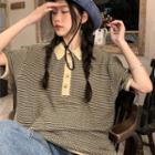 Striped Knit Polo Shirt Stripe - Black & Almond - One Size