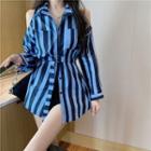 Long-sleeve Cold-shoulder Striped Shirt As Figure - One Size