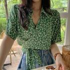 Elbow-sleeve Floral Blouse Floral - Green - One Size