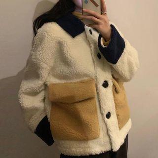 Faux Shearling Button Jacket White & Khaki - One Size