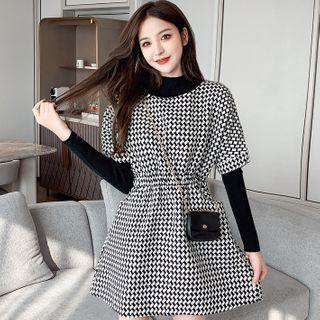 Set: Knit Top + Short-sleeve Patterned A-line Dress